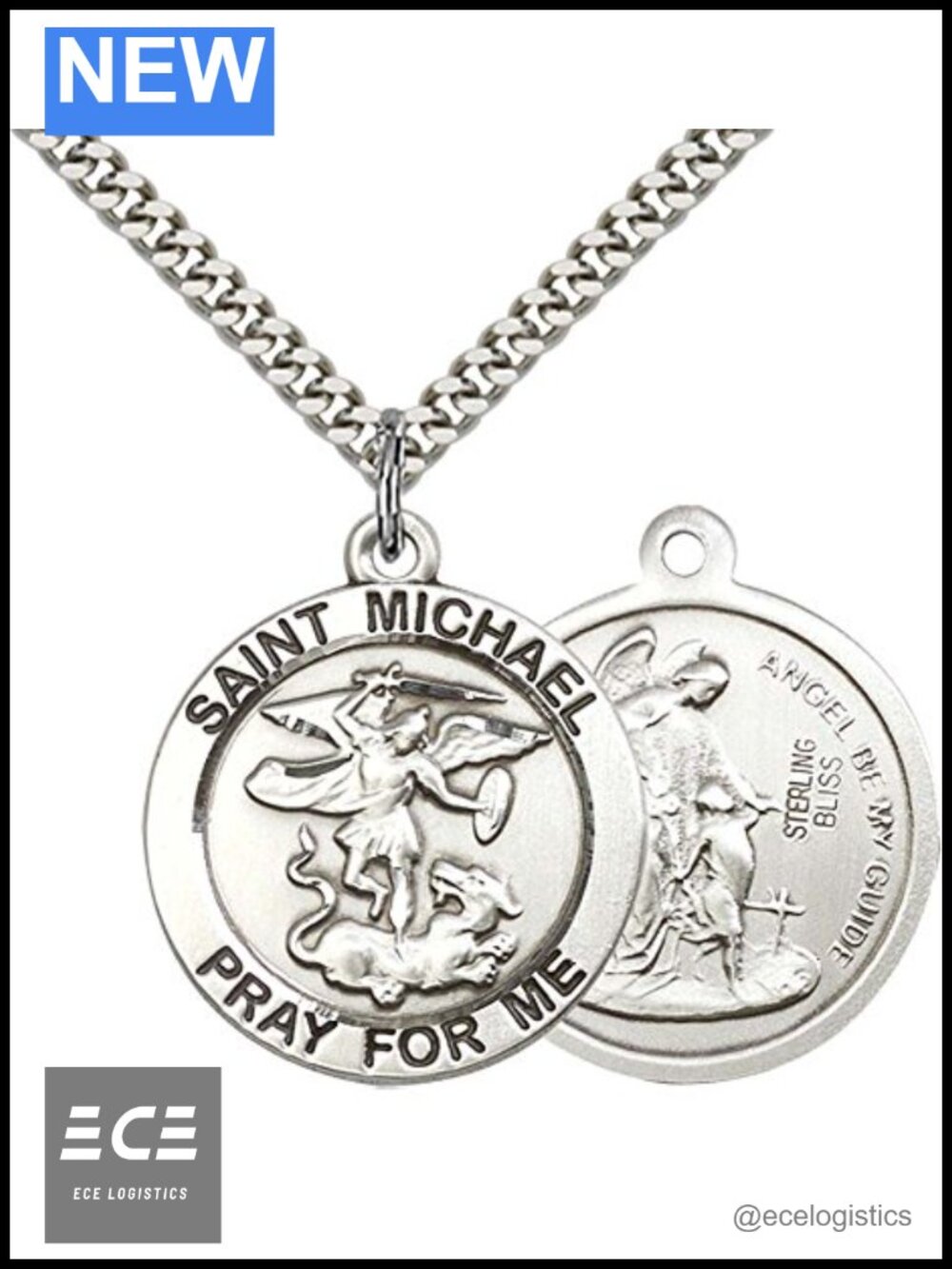 Sterling Silver St. Michael Archangel Pendant 24" Stainless Steel Curb Chain